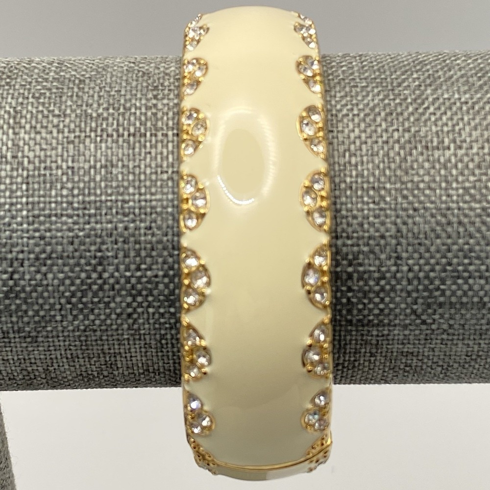 Stella & Dot Enamel Hinge Bangle Bracelet Vintage Cream Gold Rhinestones Small